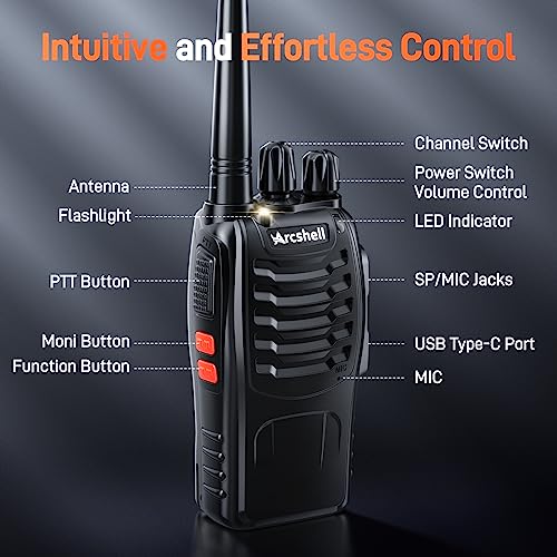 Arcshell Rechargeable Long Range Two-Way Radios with Earpiece 4 Pack Walkie Talkies Li-ion Battery and Charger Included