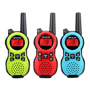 retevis rt38 walkie talkies for kids, kids walkie talkie 3 pack, toy gifts for boys girls,22 ch hands free small size usb port, long range family camping traveling(red blue green)