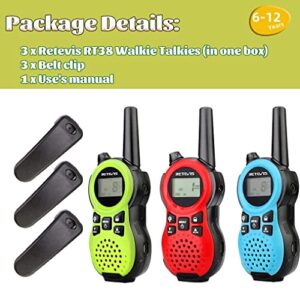 Retevis RT38 Walkie Talkies for Kids, Kids Walkie Talkie 3 Pack, Toy Gifts for Boys Girls,22 CH Hands Free Small Size USB Port, Long Range Family Camping Traveling(Red Blue Green)