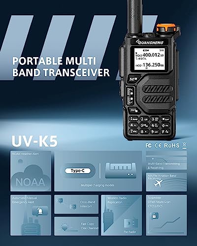 QuanshengUVK5 AM/FM/DTMF walkie Talkie 200 Channel Three Frequency Receiving walkie Talkie NOAA Weather Forecast, with Flash VOX Replication Frequency LCD Display for Hiking Camping Trip (1 Piece)