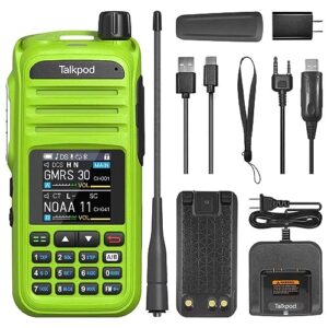 talkpod a36plus gmrs handheld two way radio walkie talkies for adults long range with vhf uhf receive, 5w output, 512 channels, 1.44inch color screen(green)