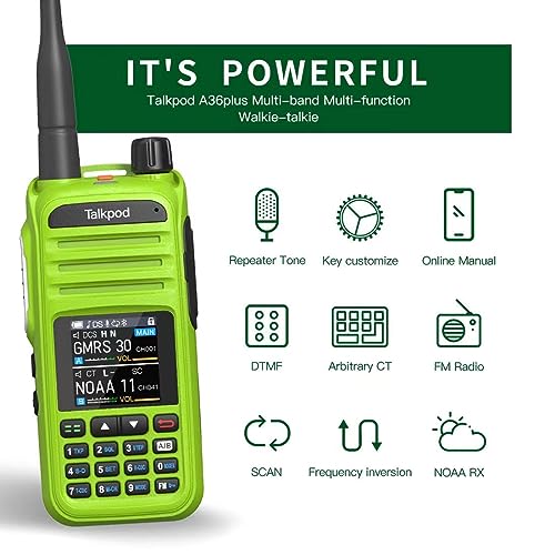 Talkpod A36Plus GMRS Handheld Two Way Radio Walkie Talkies for Adults Long Range with VHF UHF Receive, 5W Output, 512 Channels, 1.44inch Color Screen(Green)