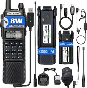 baofeng uv-5r 8w upgrade ham radio handheld dual band portable two way radio long range rechargeable walkie talkie with 3800mah battery,usb charger,high gain antenna and programming cable full kit