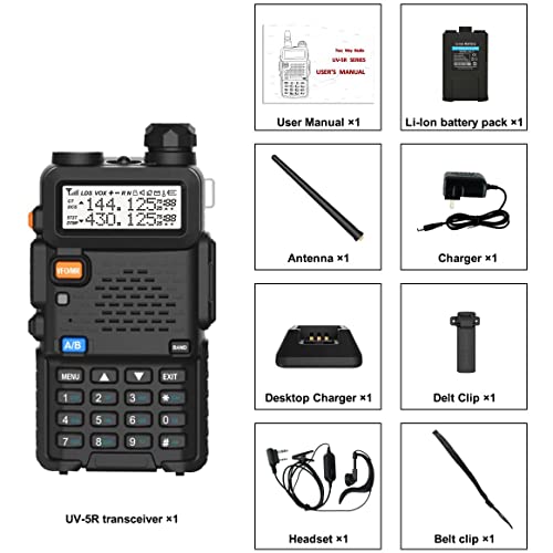 BAOFENG UV-5R Dual Band Two Way Radio (Black), 144-148MHz & 420-450MHz & UV-5R Two Way Radio Dual Band 144-148/420-450Mhz Walkie Talkie 1800mAh Li-ion Battery(Black)