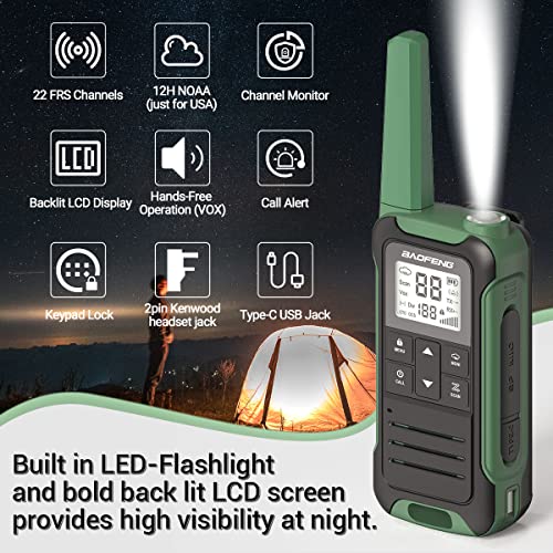 Baofeng Walkie Talkies with 22 FRS Channels Rechargeable Long Range Walkie Talkie IP54 Waterproof for Adult Two Way Radio with NOAA Weather Channel VOX Scan LCD Display LED Flashlight for Camping