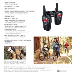 Uniden SX237-2CK Up to 23-Mile Range FRS Two-Way Radio Walkie Talkies with Rechargeable Batteries & Dual Charging Cradle, 22 Channels, 121 Privacy Codes, NOAA Weather Channels + Alerts, Black