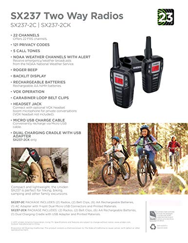 Uniden SX237-2CK Up to 23-Mile Range FRS Two-Way Radio Walkie Talkies with Rechargeable Batteries & Dual Charging Cradle, 22 Channels, 121 Privacy Codes, NOAA Weather Channels + Alerts, Black