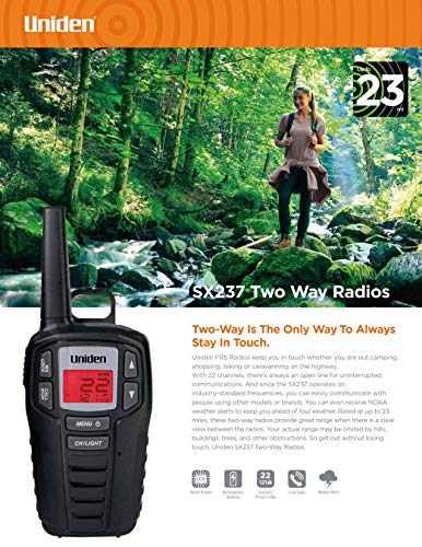 Uniden SX237-2CK Up to 23-Mile Range FRS Two-Way Radio Walkie Talkies with Rechargeable Batteries & Dual Charging Cradle, 22 Channels, 121 Privacy Codes, NOAA Weather Channels + Alerts, Black