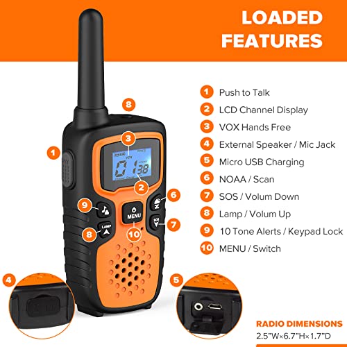 Walkie Talkies for Adults-Wishouse 2 Way Radio Long Range,Hiking Accessories Camping Gear Toys for Kids with Flashlight,SOS Siren,NOAA Weather Alert Scan,VOX,22 Channel,Easy to Use(No Battery Charger)