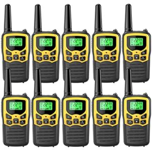 walkie talkies with 22 frs channels, moico walkie talkies for adults with led flashlight vox scan lcd display, long range family walkie talkie radios for hiking camping trip (yellow, 10 pack)