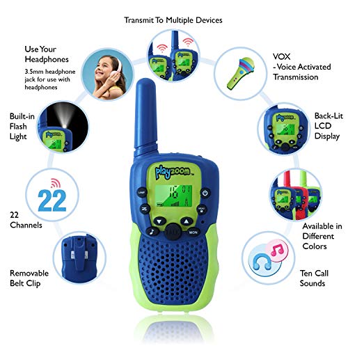 PlayZoom 2 Pack Walkie Talkies: 3 Mile Range, Built-in Flashlight, Headphone Jack, and Belt Clip. Birthday Gift for Boys and Girls (Green)