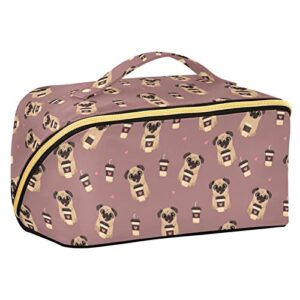 alaza pug dog with coffee pattern makeup bag travel cosmetic bag portable zipper cosmetic pouch with handle and divider for women collage dorm business trip