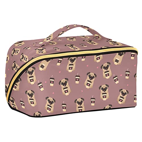 ALAZA Pug Dog with Coffee Pattern Makeup Bag Travel Cosmetic Bag Portable Zipper Cosmetic Pouch with Handle and Divider for Women Collage Dorm Business Trip