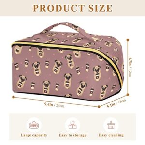 ALAZA Pug Dog with Coffee Pattern Makeup Bag Travel Cosmetic Bag Portable Zipper Cosmetic Pouch with Handle and Divider for Women Collage Dorm Business Trip