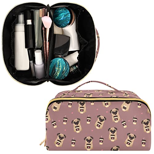 ALAZA Pug Dog with Coffee Pattern Makeup Bag Travel Cosmetic Bag Portable Zipper Cosmetic Pouch with Handle and Divider for Women Collage Dorm Business Trip