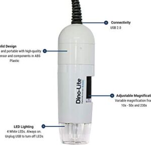 Dino-Lite USB Digital Microscope AM2111-0.3MP, 10x - 50x, 230x Optical Magnification, 4 LEDs