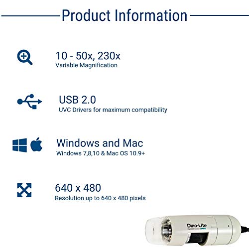 Dino-Lite USB Digital Microscope AM2111-0.3MP, 10x - 50x, 230x Optical Magnification, 4 LEDs