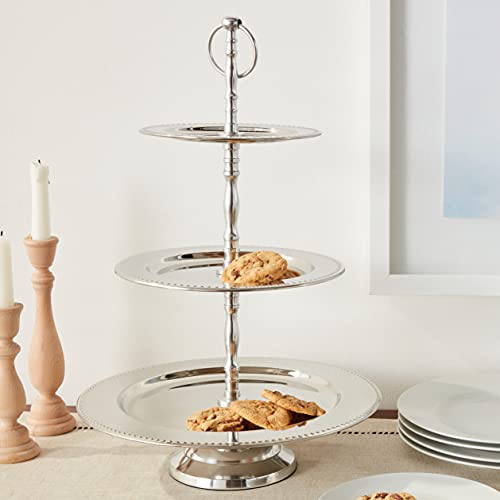 Elegance 3-Tier Beaded Buffet Serving Stand, Silver, Large