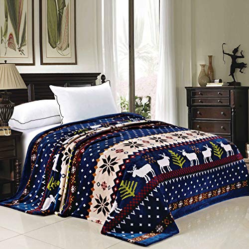 BNF Home Collection Flannel Fleece Blanket, Twin, Blue Christmas Deer