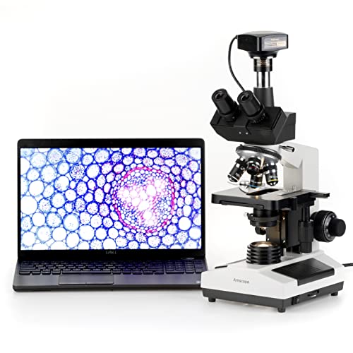 AmScope T390B-3M Digital Professional Compound Trinocular Microscope, 40X-2000X Magnification, WF10x and WF20x Eyepieces, Brightfield, Halogen Illumination, Abbe Condenser, Double-Layer Mechanical Stage, 110V-220V Auto-Switching, Includes 3MP Camera with