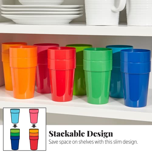 US Acrylic Spectrum Unbreakable Plastic 10 ounce Stackable Juice Tumblers in 8 Assorted Colors | Set of 16 Kids Drinking Cups | Reusable, BPA-free, Made in the USA, Top-rack Dishwasher Safe