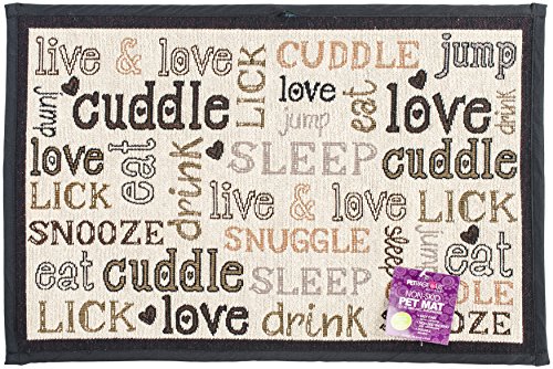 PetRageous 10218 Cuddles Tapestry Dog and Cat Non-Skid Machine Washable Placemat for Pet Feeding Areas with Rubber Backing 13-Inch by 19-Inch for Dogs and Cats, Multi-Colored, Off-White