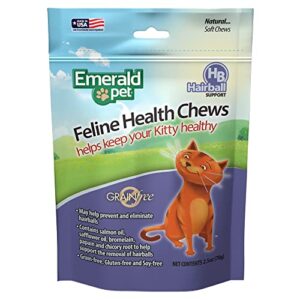 emerald pet feline health chews hairball support — natural grain free feline hairball control chews — hairball control cat supplements for hairball prevention and elimination — made in usa, 2.5 oz