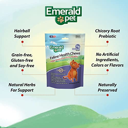 Emerald Pet Feline Health Chews Hairball Support — Natural Grain Free Feline Hairball Control Chews — Hairball Control Cat Supplements for Hairball Prevention and Elimination — Made in USA, 2.5 oz