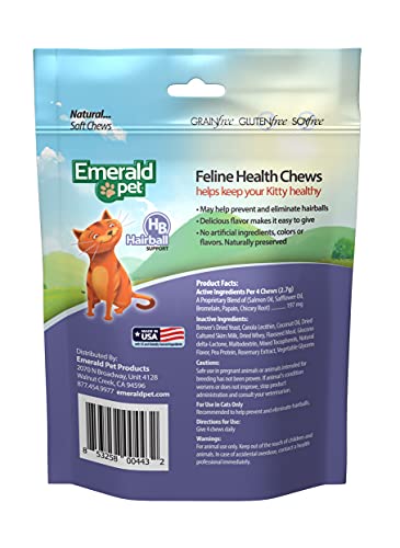 Emerald Pet Feline Health Chews Hairball Support — Natural Grain Free Feline Hairball Control Chews — Hairball Control Cat Supplements for Hairball Prevention and Elimination — Made in USA, 2.5 oz