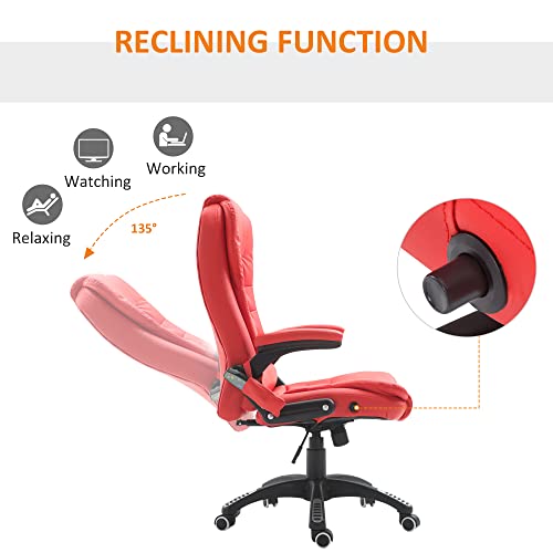 HOMCOM High Back Executive Massage Office Chair with 6 Point Vibration, 5 Modes, Faux Leather Heated Reclining Desk Chair, Bright Red