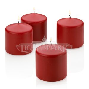 red pillar candles - set of 4 unscented candles - 3 inch tall, 3 inch thick - 50 hour clean burn time