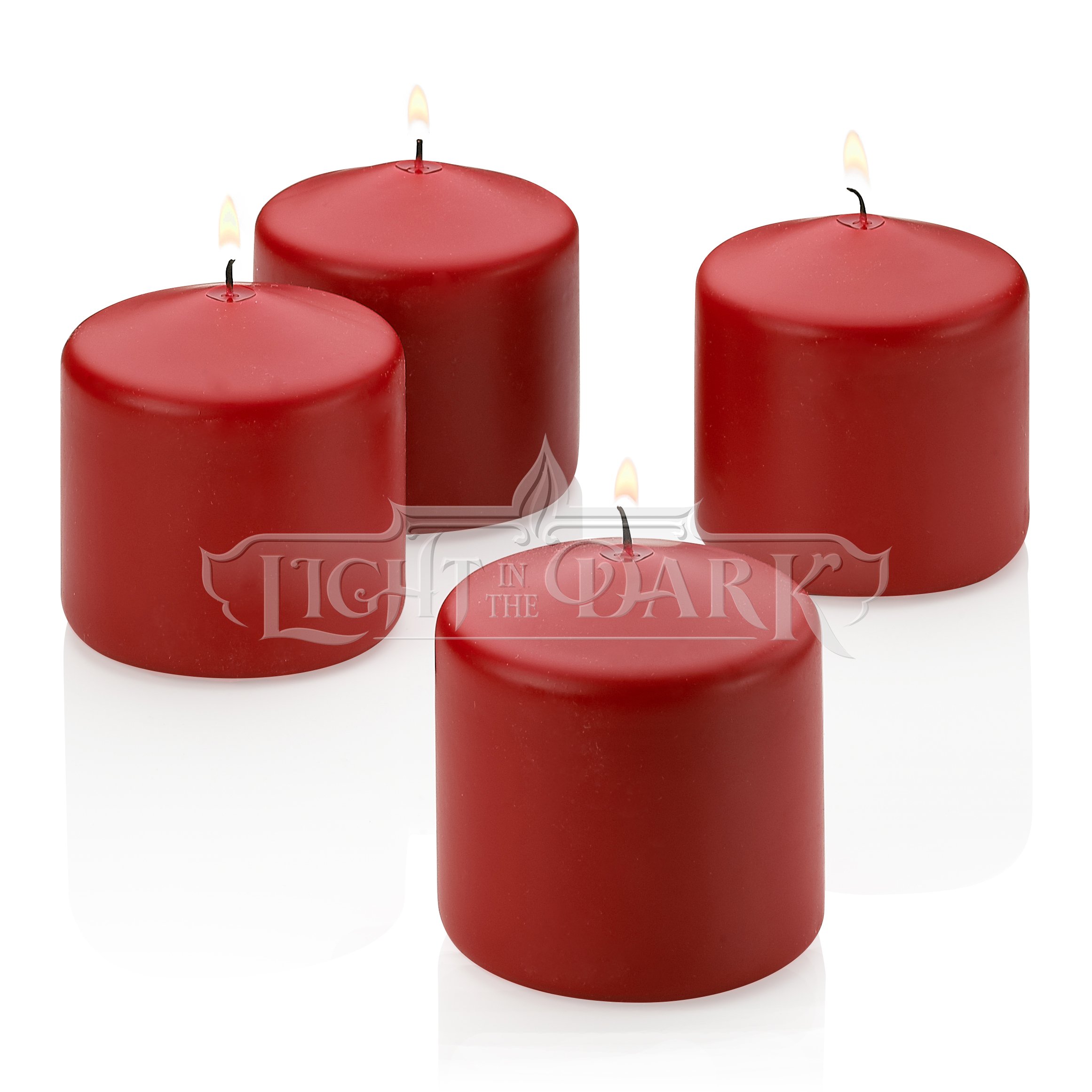 Red Pillar Candles - Set of 4 Unscented Candles - 3 inch Tall, 3 inch Thick - 50 Hour Clean Burn Time