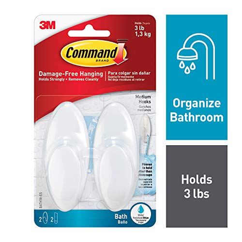 Command Bath Hook, Medium, Clear Frosted, 2-Hooks, 2-Medium Water Resistant Strips (BATH18-ES)