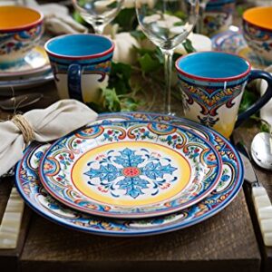 Euro Ceramica Zanzibar Collection 16 Piece Dinnerware Set Kitchen and Dining, Service for 4, Spanish Floral Design, Multicolor, Blue and Yellow