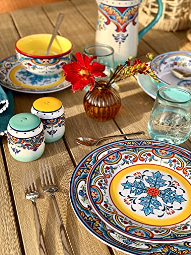 Euro Ceramica Zanzibar Collection 16 Piece Dinnerware Set Kitchen and Dining, Service for 4, Spanish Floral Design, Multicolor, Blue and Yellow