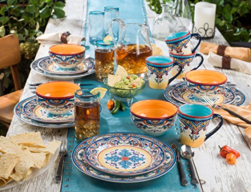 Euro Ceramica Zanzibar Collection 16 Piece Dinnerware Set Kitchen and Dining, Service for 4, Spanish Floral Design, Multicolor, Blue and Yellow