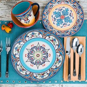 Euro Ceramica Zanzibar Collection 16 Piece Dinnerware Set Kitchen and Dining, Service for 4, Spanish Floral Design, Multicolor, Blue and Yellow