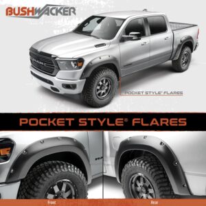 Bushwacker Pocket/Rivet Style Rear Fender Flares | 2-Piece Set, Black, Smooth Finish | 40122-02 | Fits 2014-2018 GMC Sierra 1500; 2015-2019 Sierra 2500 HD/3500 HD w/ 6.6' or 8.2' Bed (Excludes Dually)