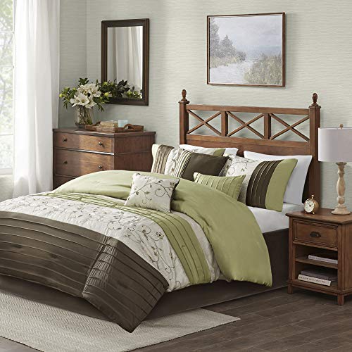 Madison Park Serene Faux Silk Comforter Set - Floral Embroidery Design, All Season Bedding Set, Matching Bed Skirt, Decorative Pillows, Green King(104"x92") 7 Piece