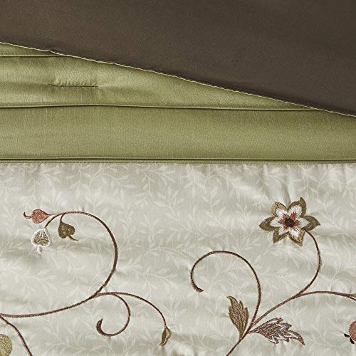 Madison Park Serene Faux Silk Comforter Set - Floral Embroidery Design, All Season Bedding Set, Matching Bed Skirt, Decorative Pillows, Green King(104"x92") 7 Piece