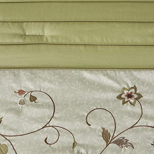 Madison Park Serene Faux Silk Comforter Set - Floral Embroidery Design, All Season Bedding Set, Matching Bed Skirt, Decorative Pillows, Green King(104"x92") 7 Piece