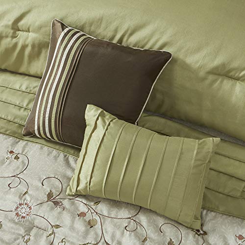 Madison Park Serene Faux Silk Comforter Set - Floral Embroidery Design, All Season Bedding Set, Matching Bed Skirt, Decorative Pillows, Green King(104"x92") 7 Piece