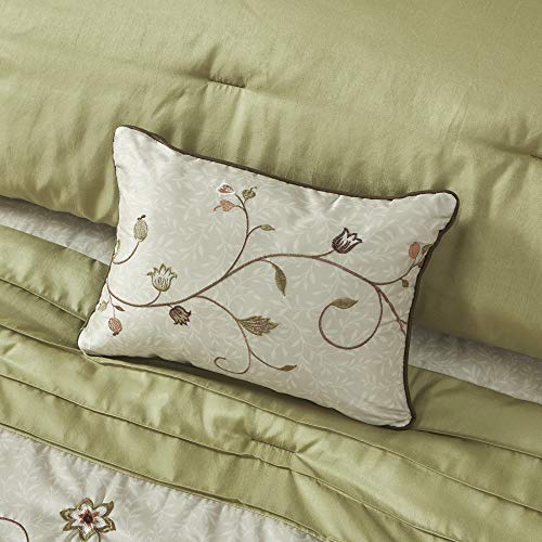 Madison Park Serene Faux Silk Comforter Set - Floral Embroidery Design, All Season Bedding Set, Matching Bed Skirt, Decorative Pillows, Green King(104"x92") 7 Piece