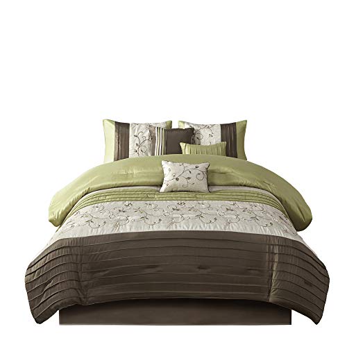 Madison Park Serene Faux Silk Comforter Set - Floral Embroidery Design, All Season Bedding Set, Matching Bed Skirt, Decorative Pillows, Green King(104"x92") 7 Piece