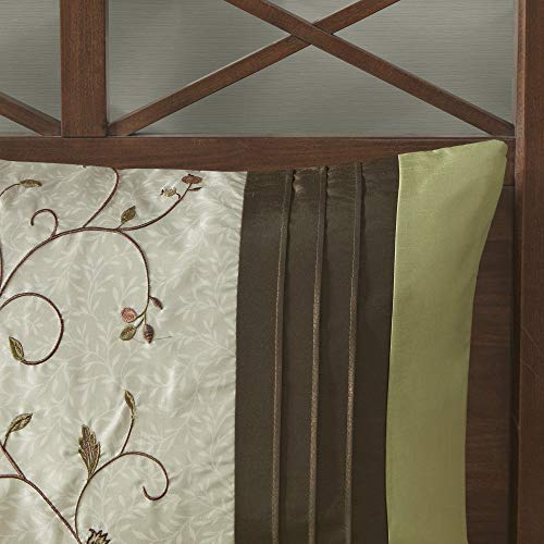 Madison Park Serene Faux Silk Comforter Set - Floral Embroidery Design, All Season Bedding Set, Matching Bed Skirt, Decorative Pillows, Green King(104"x92") 7 Piece