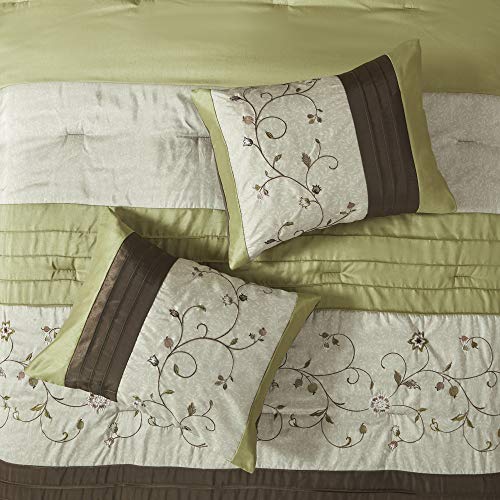 Madison Park Serene Faux Silk Comforter Set - Floral Embroidery Design, All Season Bedding Set, Matching Bed Skirt, Decorative Pillows, Green King(104"x92") 7 Piece