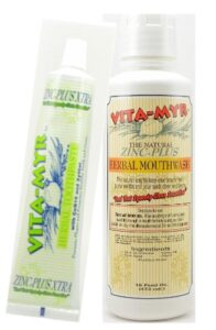 vita-myr value package 6 – 1 tube 5.4 oz zinc+ xtra natural toothpaste & 1-16 oz natural mouthwash. gluten free. vegan. no sls, no sugar, fluoride, alcohol or saccharin