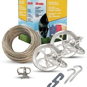 Strata Clothesline Outdoor Heavy Duty Kit - 150 Feet Galvanized Wire Gold PVC Coating, 6.5" Clothesline Pulley 2pcs, Metal Mini Winch Tightener 1pc, Plastic Spreader/Spacer 1pc & 2 Metal Hooks