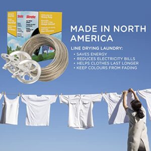 Strata Clothesline Outdoor Heavy Duty Kit - 150 Feet Galvanized Wire Gold PVC Coating, 6.5" Clothesline Pulley 2pcs, Metal Mini Winch Tightener 1pc, Plastic Spreader/Spacer 1pc & 2 Metal Hooks