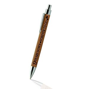 kate posh - 9 years down, forever to go engraved leather pen, our 9th wedding anniversary, 9 years as husband & wife, gifts for her, for him, for couples, 9 years of marriage (rawhide)
